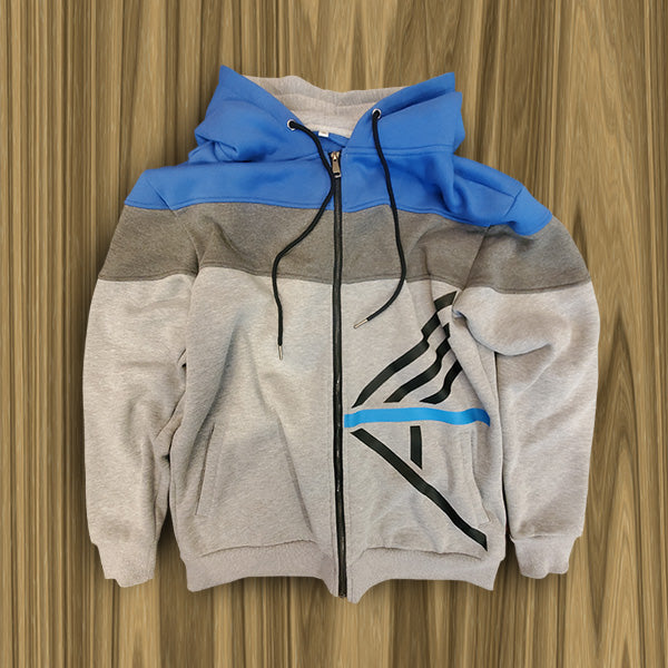 Gray and blue I AM (YHWH) color-blocked Christian zip-up hoodie with a zipper on a wooden surface