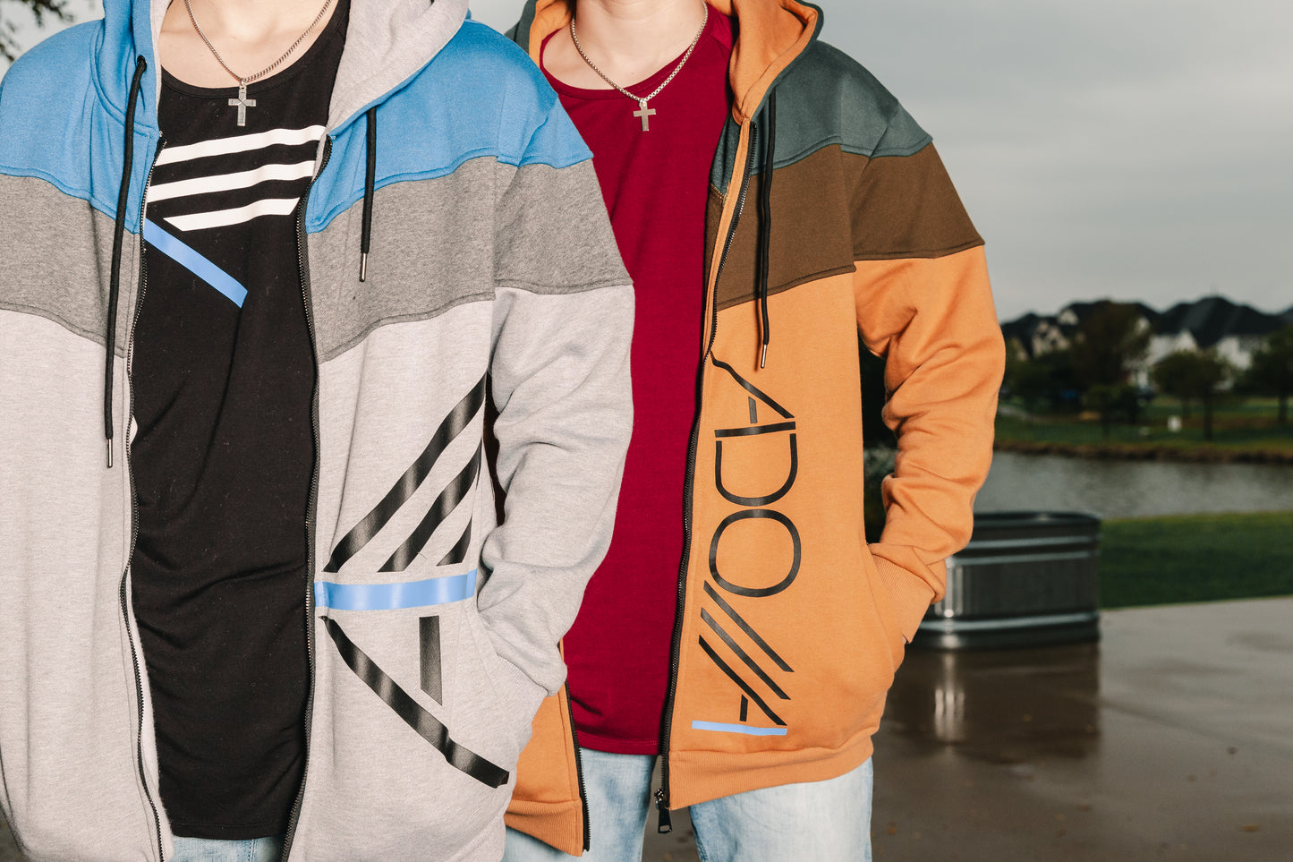 Christian Teen Boys wearing Now Found Apparel's I AM Royal and Adonai Forest Zip-Up