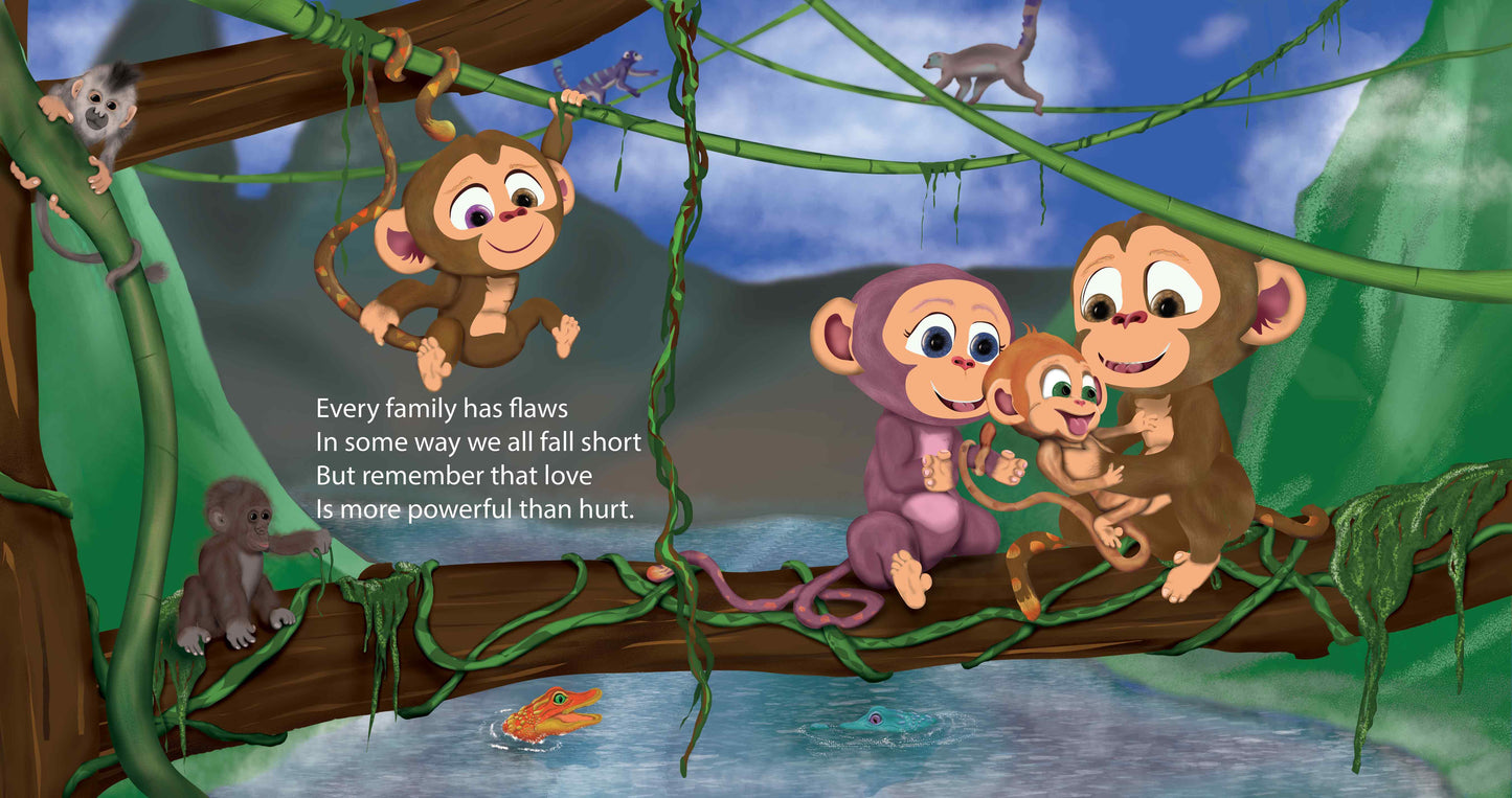 illustration of monty the monkey from equally treasured swinging from vines with his family on a tree branch.