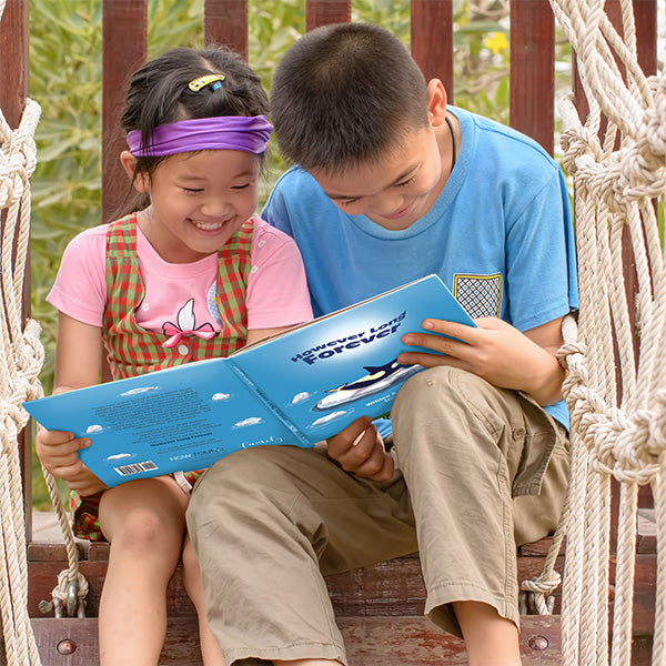 Happy siblings are reading "However Long Forever" a Christian Foster Care Book for children