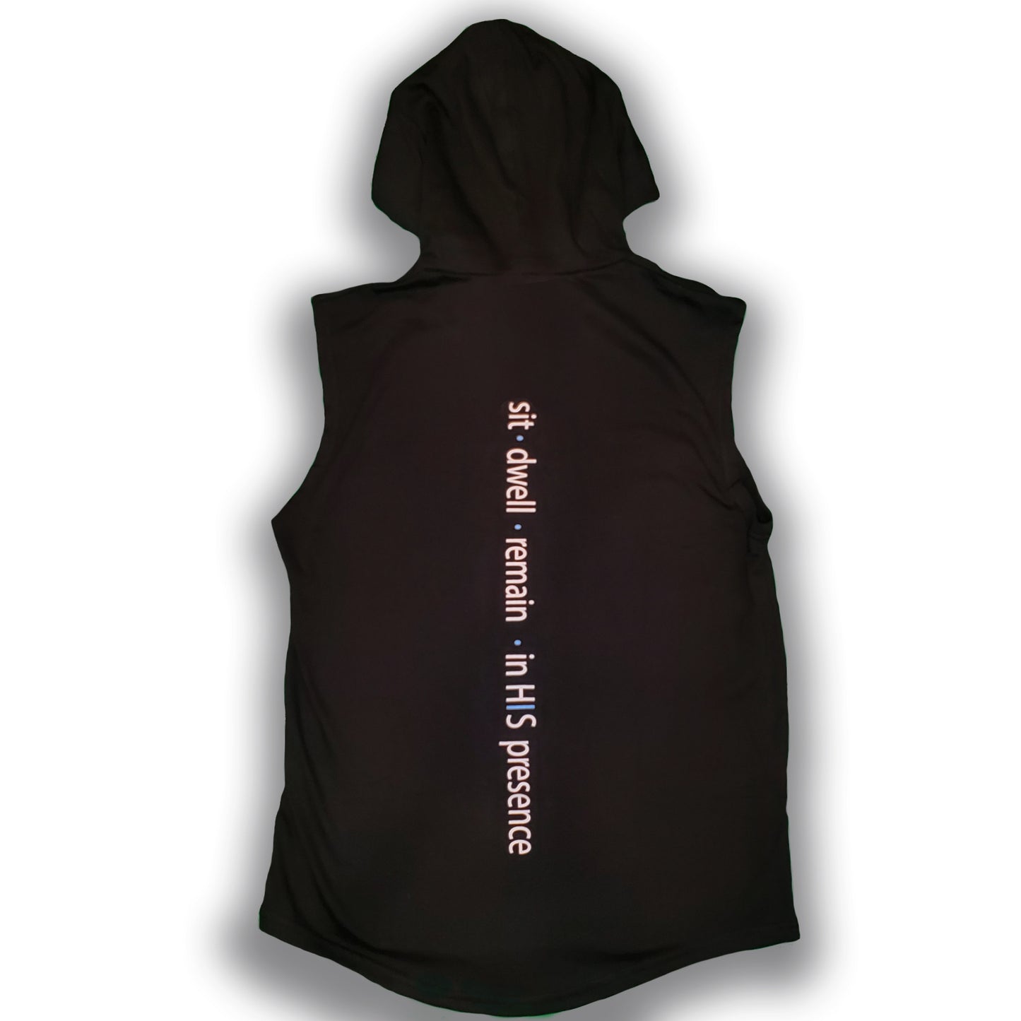 Black Sleeveless ABIDE Hoodie back view with hood up.