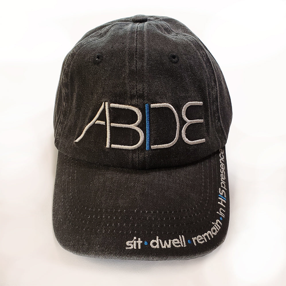 now found christian apparel abide baseball cap fron view with site dwell remain in his presence on bill