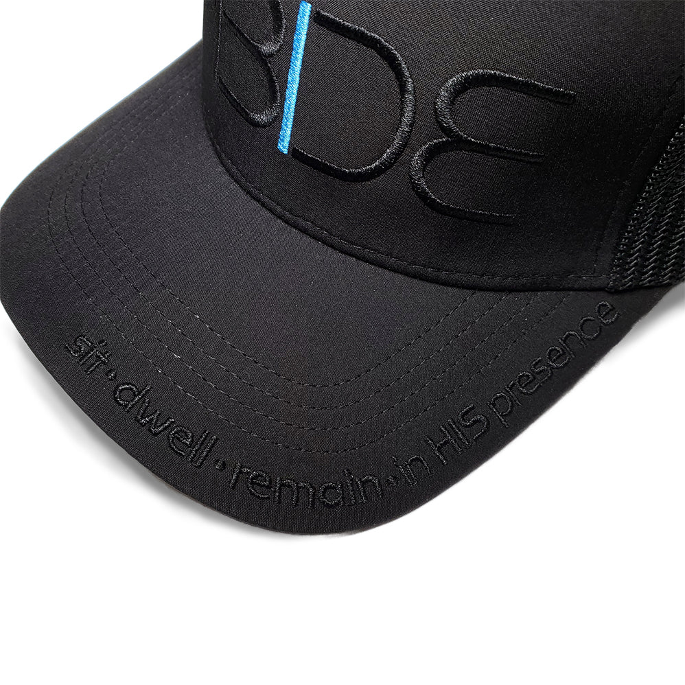 black christian hat abide blackout trucker hat anged view with sit dwell remain in his presence on bill