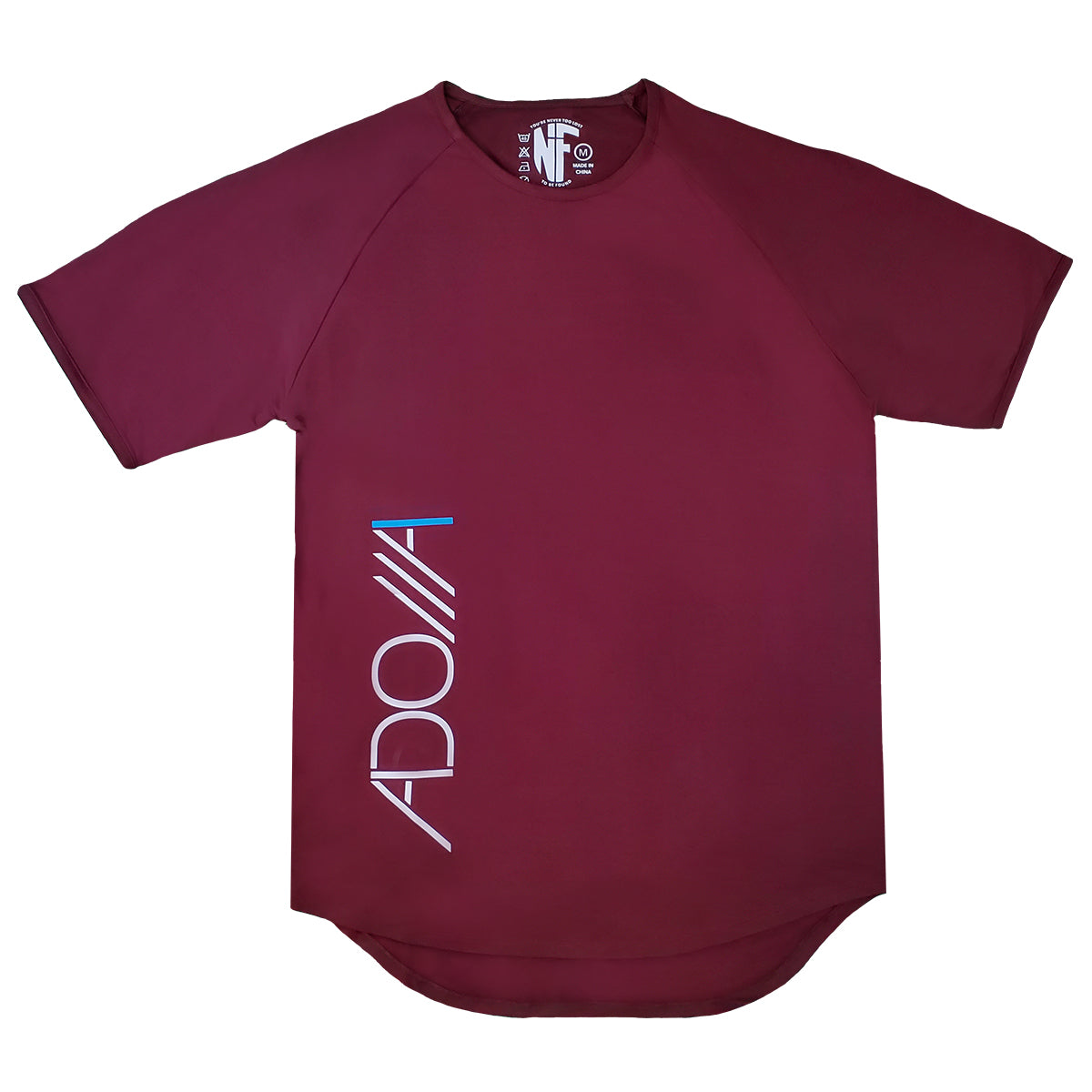 A wine-red bamboo t-shirt featuring sporty "Adonai," a Hebrew name for God, design from Now Found Apparel.