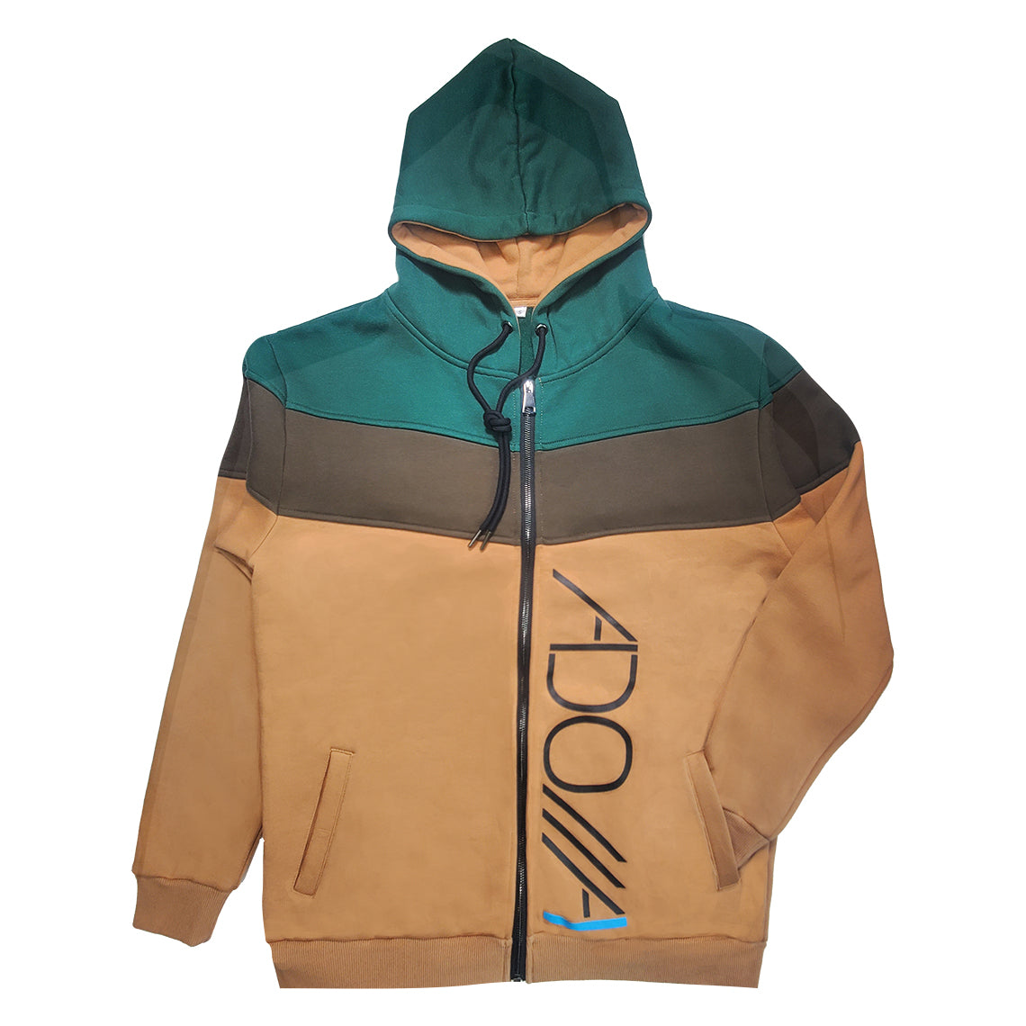 tri-color (tan brown green) zip-up hoodie featuring a trendy "Adonai," design (the Hebrew name for Lord) from Now Found Apparel.