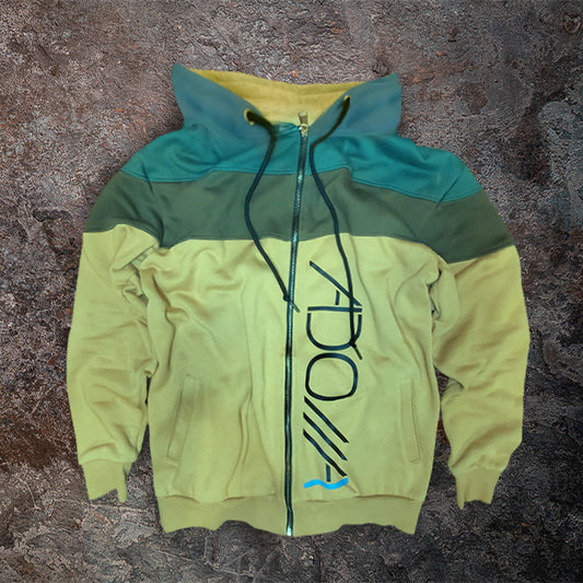 Color-blocked hoodie with ADONAI (Lord) logo on a textured surface