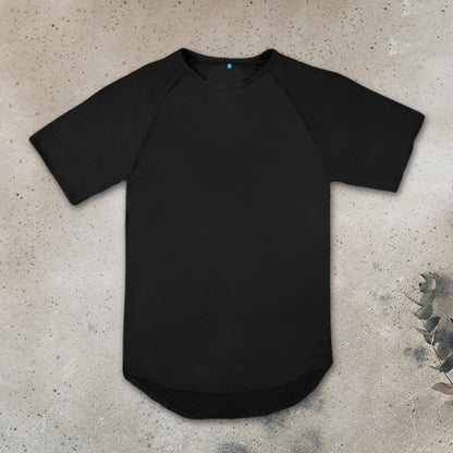 Black Bamboo t-shirt from Christian Clothing Company Never Too Lost on a textured beige surface