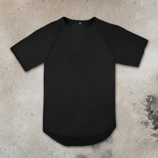 Black Bamboo t-shirt from Christian Clothing Company Never Too Lost on a textured beige surface