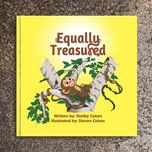 Children's book titled 'Equally Treasured' by Shelby Cohen with a monkey illustration on a yellow background.