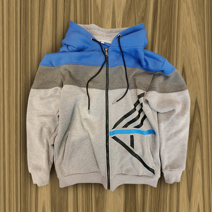 Gray and blue I AM (YHWH) color-blocked Christian zip-up hoodie with a zipper on a wooden surface