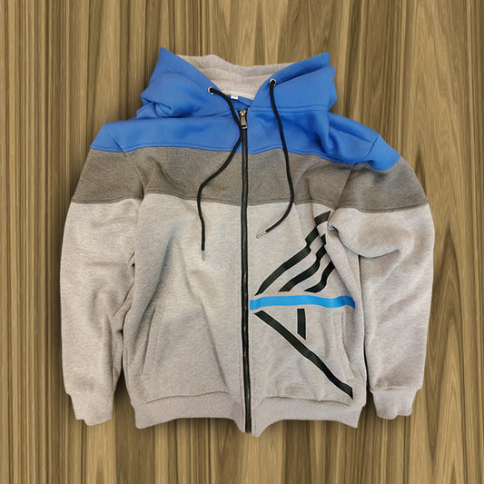 Gray and blue I AM (YHWH) color-blocked Christian zip-up hoodie with a zipper on a wooden surface