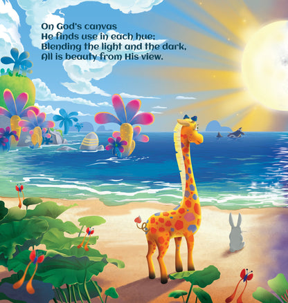 Gif the Giraffe on the beach of Fambly in Loved As You Are by Steven Cohen , a Christian Children's Book for Adoption Families