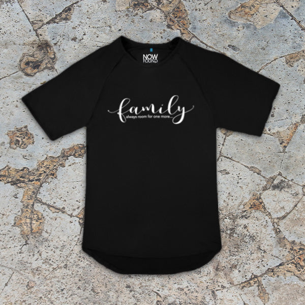 Black Christian Family bamboo t-shirt with 'always room for one more' text on a stone surface