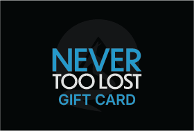 Gift card with 'Never Too Lost' text on a black background with a mountain and a trail leading to a cross.