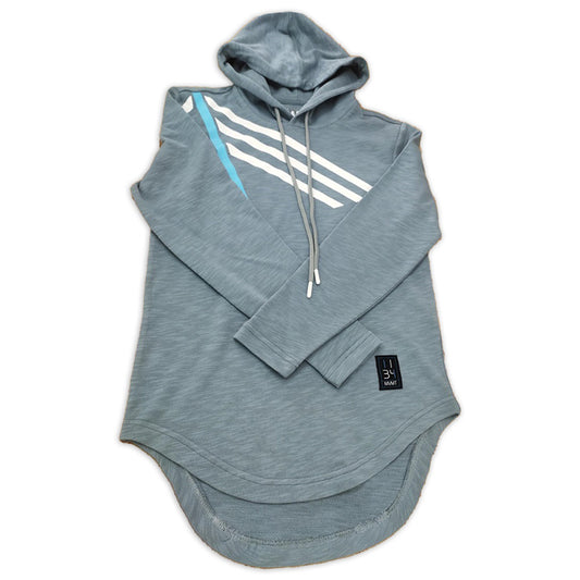 A steel blue pullover hoodie with distinctive "I AM" design Now Found Christian apparel